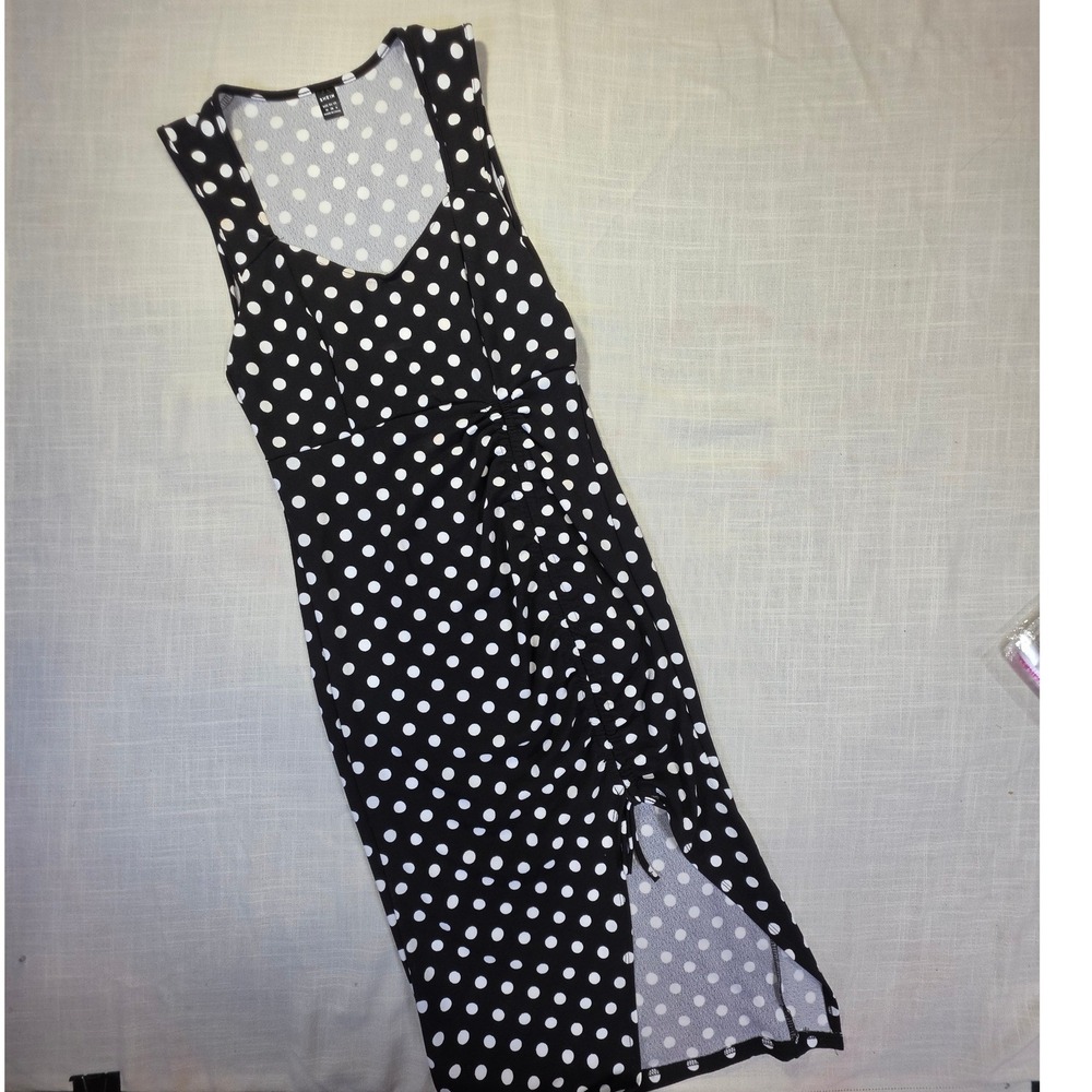 SHEIN Black Polka Dot Ruched Side Slit Midi Dress Womens Size 6 Medium